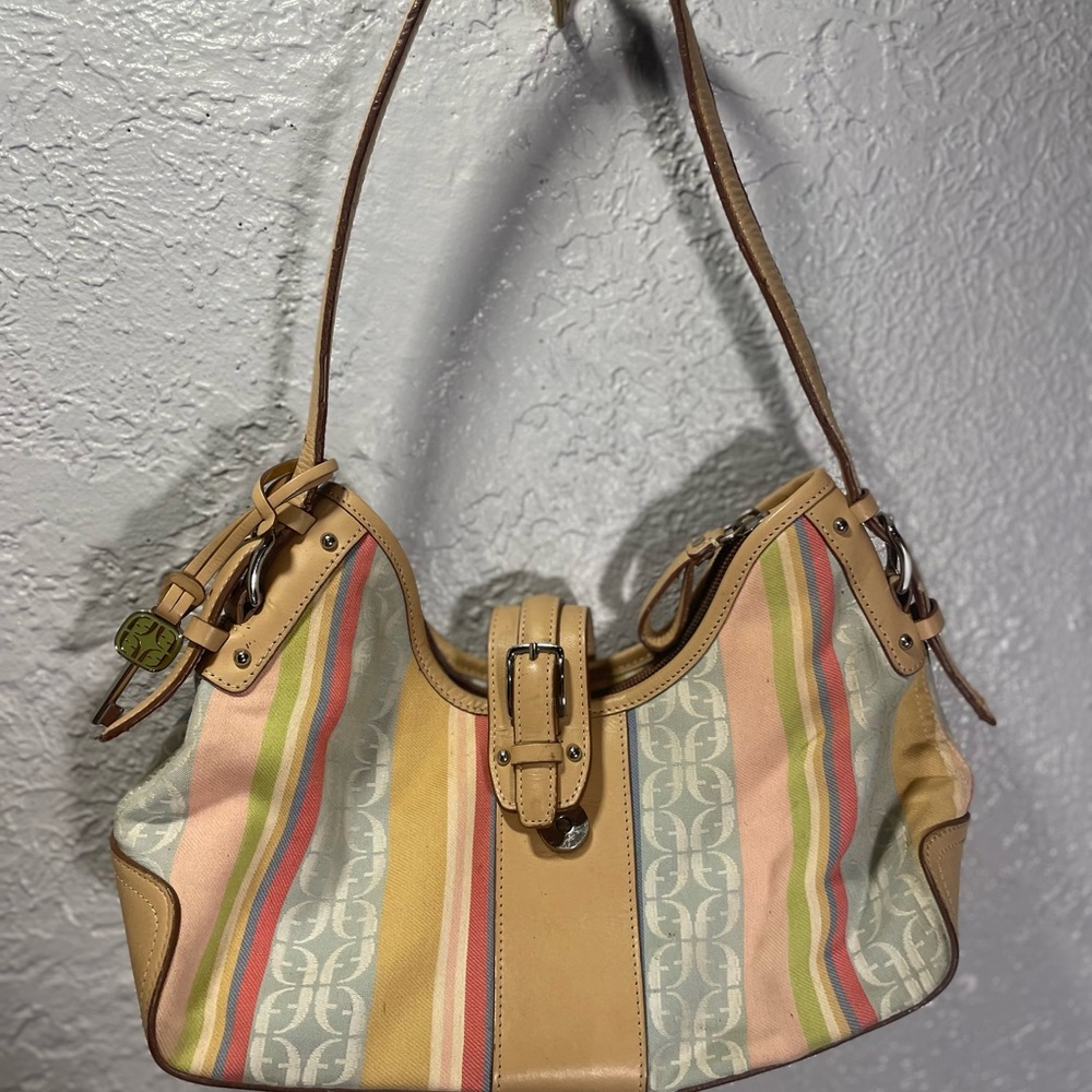 Fossil Tan and Pink Striped Shoulder Bag